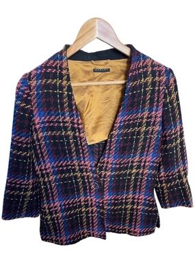 Sisley Collarless Bouclé Tweed Plaid Blazer Size US 4